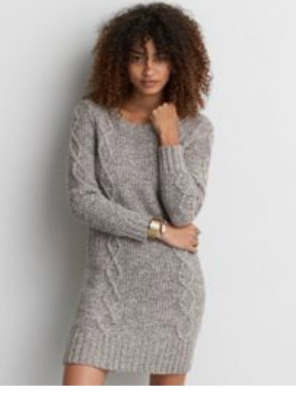 American Eagle Outfitters Light Gray Cable-Knit Long Sleeve Sweater Dress